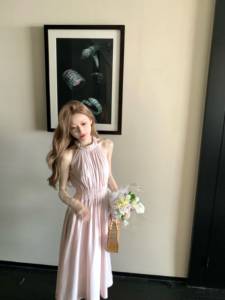 COOLLINE Lin Zixi Liwu Poetry Simple Temperament Hanging Neck Dress Fog Pink high -waist long skirt female summer