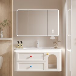 French-Style Arc-Shaped Dopamine-Style Bathroom Cabinet Set with Integrated Ceramic Basin for Washing Hands and Face