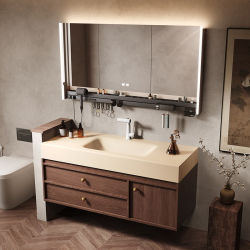 New Vintage-Style Rock Slab Heat-Bent Integrated Basin Bathroom Cabinet Set Washbasin Sink Set
