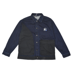 Contrast color splicing primary color blue denim jacket retro distressed washed men's workwear style loose design lapel jacket