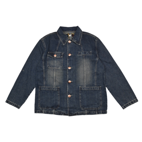 
American retro washed distressed mid-length denim jacket workwear large pocket commuting loose casual versatile men's jacket