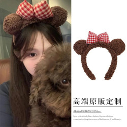 Cute Bear Ear Headband with Bow, Plush Autumn and Winter Headband, Face Washing and Makeup Hair Accessory, Cartoon Hair Tie