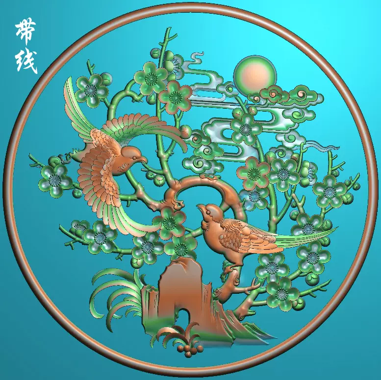 梅花花鳥圓盤帶線圓形雙鳥花鳥喜鵲梅花浮雕圖HNM-135精雕圖-Taobao