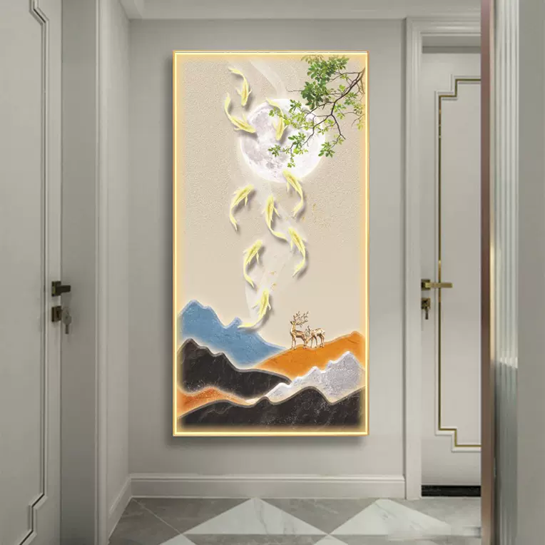 玄关装饰画led灯画入户走廊过道挂画现代轻奢竖版晶瓷画发光壁画-Taobao 