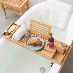 Hot-Selling Bamboo Bathtub Rack Tray Bathroom Soaking Rack Expandable Bathtub Rack Factory Ready Stock Pull Cart