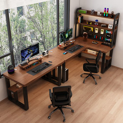 Solid Wood Corner Long Desk with Integrated Bookshelf, Home-Use Wall-Mounted Corner Office Desk, Study Room L-Shaped Double Computer Desk