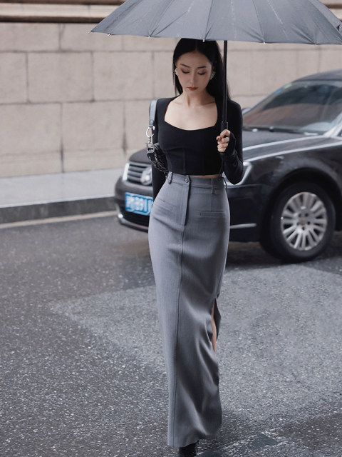 
Xiaoli Gray Records Black Suit High-waisted Half-Woman Long Skirt Spring and Summer High-end Retro Slim Straight Skirt