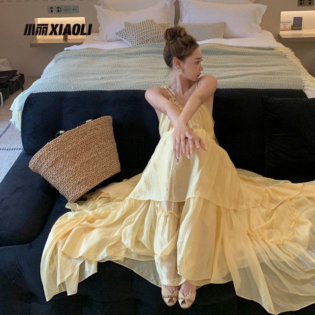 Xiaoli amber wind chiffon acetate suspender halter neck dress summer temperament beautiful vacation long skirt