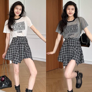 Cool and sassy outfits for women, Korean fashion, age-reducing short-sleeved T-shirts, fake two-piece skirts and pants, two-piece set