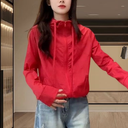 Design-Inspired Dopamine Red Lightweight Hooded Sun Protection Jacket for Women, 2026 Summer New High-End Top