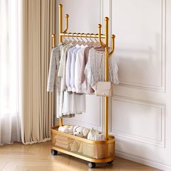 Movable Household Light Luxury Clothes Drying Rack Indoor Clothes Rack Simple Coat Rack Floor-Standing Bedroom Clothes Rack