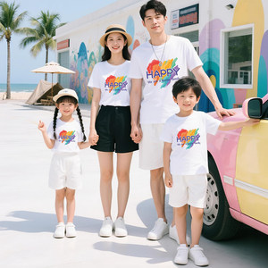 
HAPPY loving parent-child wear short-sleeved T-shirts for a family of three, mother and child, mother and daughter family wear primary school sports meeting uniforms