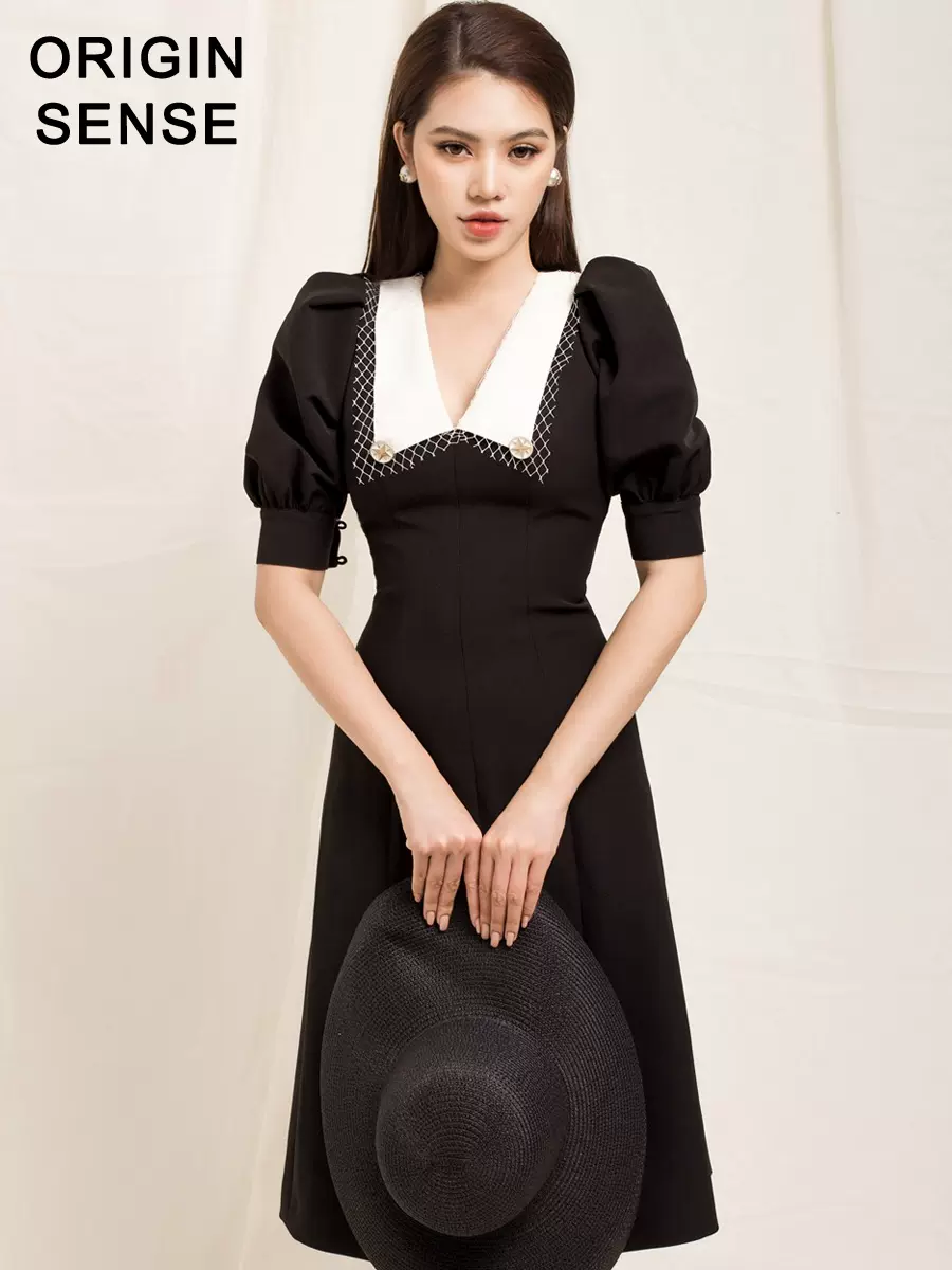 奥黛丽赫本同款复古裙子泡泡袖黑v领小礼服, image size:900x1200