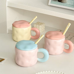 High-Quality Mug with Lid, Cute Design for Girls, Office Coffee Cup, Water Cup, Color-Blocking, Couple's Home Use, with Spoon