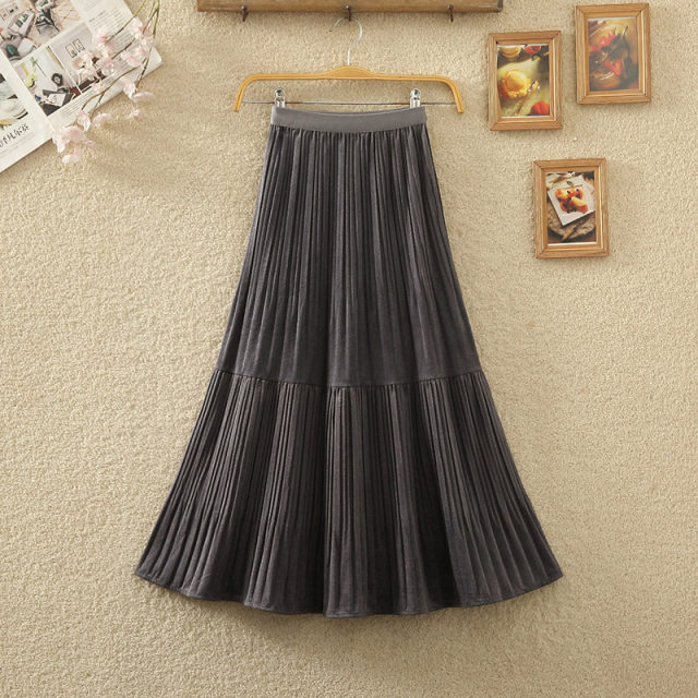 2024 Spring and Autumn New Elastic High Waist All-match Corduroy Pleated Skirt Spliced ​​Velvet Skirt Long Skirt Women's Skirt