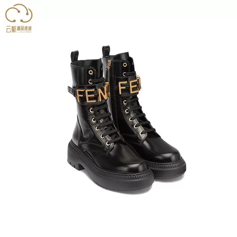 FENDI/芬迪女靴金色金属字母系带设计牛皮圆头绑带机车靴短靴-Taobao