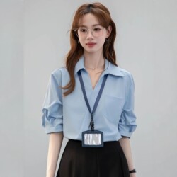 High-End Blue Shirt for Women, Summer Design, Niche Loose V-Neck Shirt, Commuter Workplace Style, Short-Sleeved Top