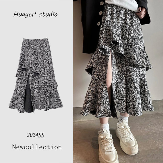 French retro floral skirt for women in spring and summer 2025 new irregular ruffled hem fish tail long skirt