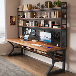 Pure Solid Wood Computer Desk, Desktop Home-Use Double Study and Writing Desk, Pegboard Desk with Integrated Bookshelf