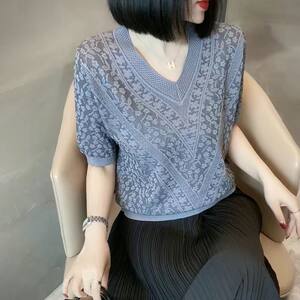 
Fashionable v-neck jacquard thin sweater for women 2023 summer new style loose slimming high-end top
