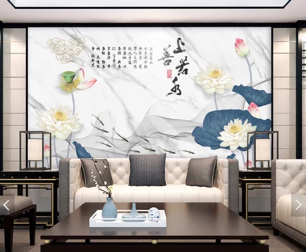 新中式大理石荷花上善若水办公室背景墙壁布客厅沙发饭厅壁纸壁画