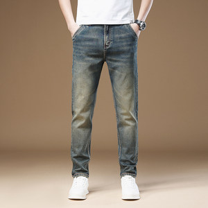 
2025 Autumn and Winter Small Feet Retro Jeans Men's Small Straight Slim Fit Washed Trendy Brand Nostalgic Distressed Yellow Clay Dyed Pants