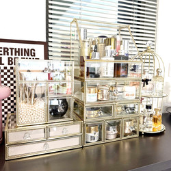 Transparent Glass Cosmetics Storage Box, Electroplated Dust-Proof Flip-Top Desktop Multi-Layer Drawer-Type Skin Care Product Organizer