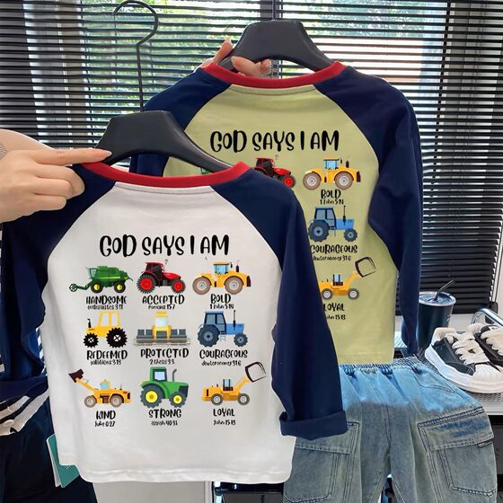
New boys' cool and versatile spliced long-sleeved T-shirt for small and medium-sized babies spring and autumn cartoon engineering vehicle pure cotton top t