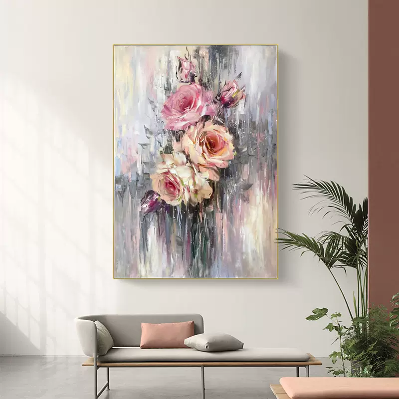 纯手绘油画抽象花卉玄关装饰画现代轻奢玫瑰花白灰墙艺术礼品挂画-Taobao