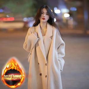Middle -length woolen coat female autumn and winter plus cotton student cocoon type loose knee coat double -breasted laziness trench coat thick
