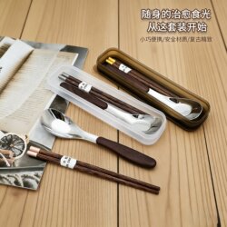 Wooden Chopsticks and Spoon Set 304 Stainless Steel Spoon Student Portable Spoon and Chopsticks Two-Piece Cutlery Set with Storage Box