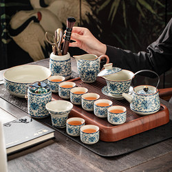 Ru Kiln Blue and White Kung Fu Tea Set Ceramic Teapot with Lid, Floating Lid Bowl, Tea Cup, Tea Tray, Light Luxury High-End Household Use