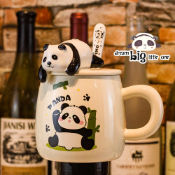Panda Mug with Lid and Spoon, Ceramic Water Cup for Girls, High Appearance Value, Cute Children's Birthday Gift, New Model 2024