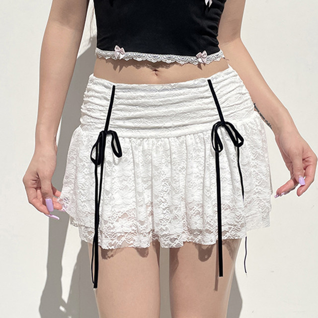 IAEY French sweet girl ~ Lace lace skirt with bow tie pleated waist A-line skirt pleated skirt
