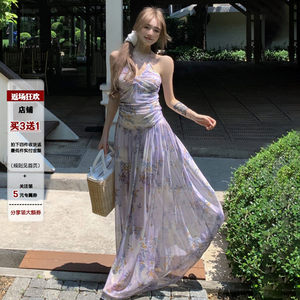 
IAEY purple floral pleated chest V-neck halter neck vest dress waist slim vacation style flowing long skirt