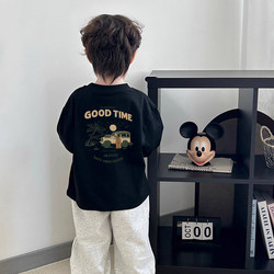 Boys' Pure Cotton Loose Long-Sleeved T-Shirt, Autum Kidsren's Base Layer Shirt, Cartoon Car Print, American Retro Top