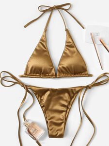European and American glossy sexy ladies triangle gold strap swimsuit split halterneck hottie tanning beach bikini