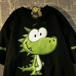 American Retro Small Green Dragon Printed Cotton Short-Sleeved T-Shirt for Boys Oversize Youth Imitation Embroidered Top Summer