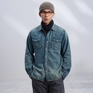 
Western denim shirt TrigCo Japan imported 7oz washing retro tannins loose long sleeve top men autumn