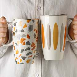 High-Looking Mug, Large-Capacity Cup with Lid, Women's Summer Household Creative Couple Water Cup, Ceramic Coffee Cup