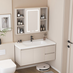 2024 New Model Cream-Style Ceramic Integrated Basin Space Aluminum Waterproof Bathroom Cabinet Combination Washbasin Master Bedroom Rock Slab
