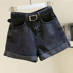 Smoke Gray High-Waisted Denim Shorts for Women 2025 New Summer Korean Style Loose Slimming Rolled Hem A-Line Wide-Leg Hot Pants