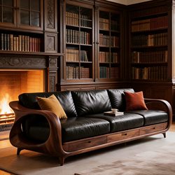 Medieval-Style Solid Wood Sofa for the Living Room, High-End Black Walnut Wood, Genuine Leather, Three-Seater, Simple Design, Suitable for Large and Small Apartments, with Storage