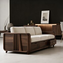 New Chinese-Style North American Black Walnut Sofa, Modern Minimalist Living Room Storage Drawer, Solid Wood Sofa for Small Apartments