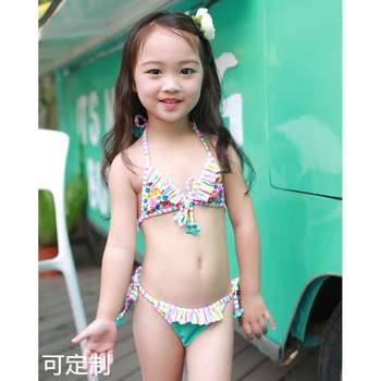 Blue flower lace-up bikini children's swimsuit baby small and middle-aged girl cute split swimsuit hot spring vacation