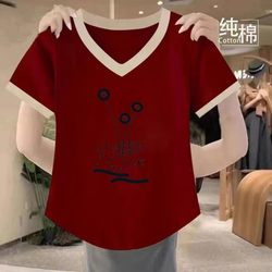 Pure Cotton V Neck Short-Sleeved T-Shirt for Women, New Summer Style, Large Size, Loose, Belly-Covering, Slimming, Stylish, Middle-Aged and Elderly Tops, Mother's Wear