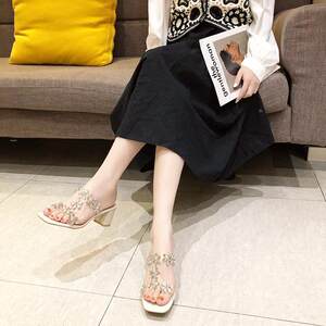
Korean style fashion rhinestone sandals for women summer medium heel thick heel popular new summer fashion with diamond internet celebrity high heel gift