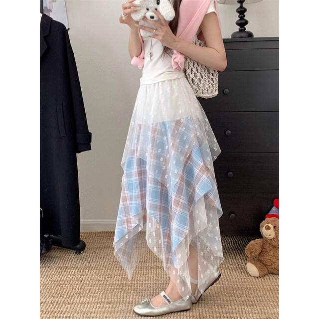Sweet style irregular lace spliced ​​plaid skirt for women 2025 summer high waist slim A-line skirt