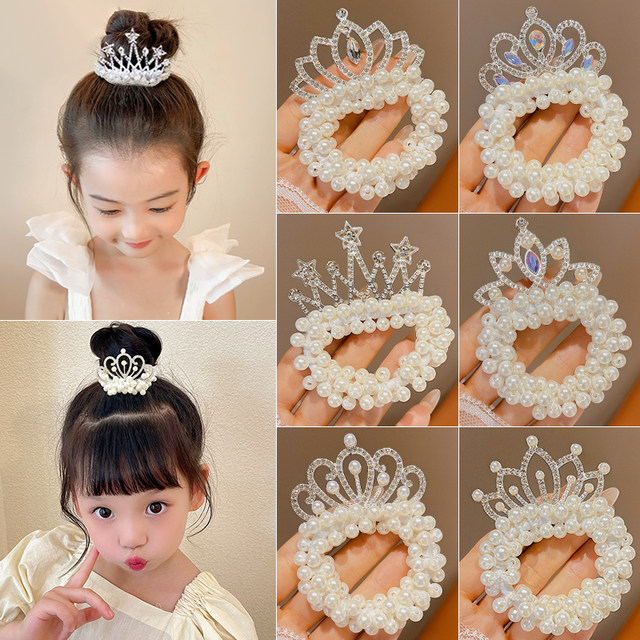 Children's pearl hair rope princess crown tiara girl's ball hair ring rubber band female head tie cute hair flower hair accessory