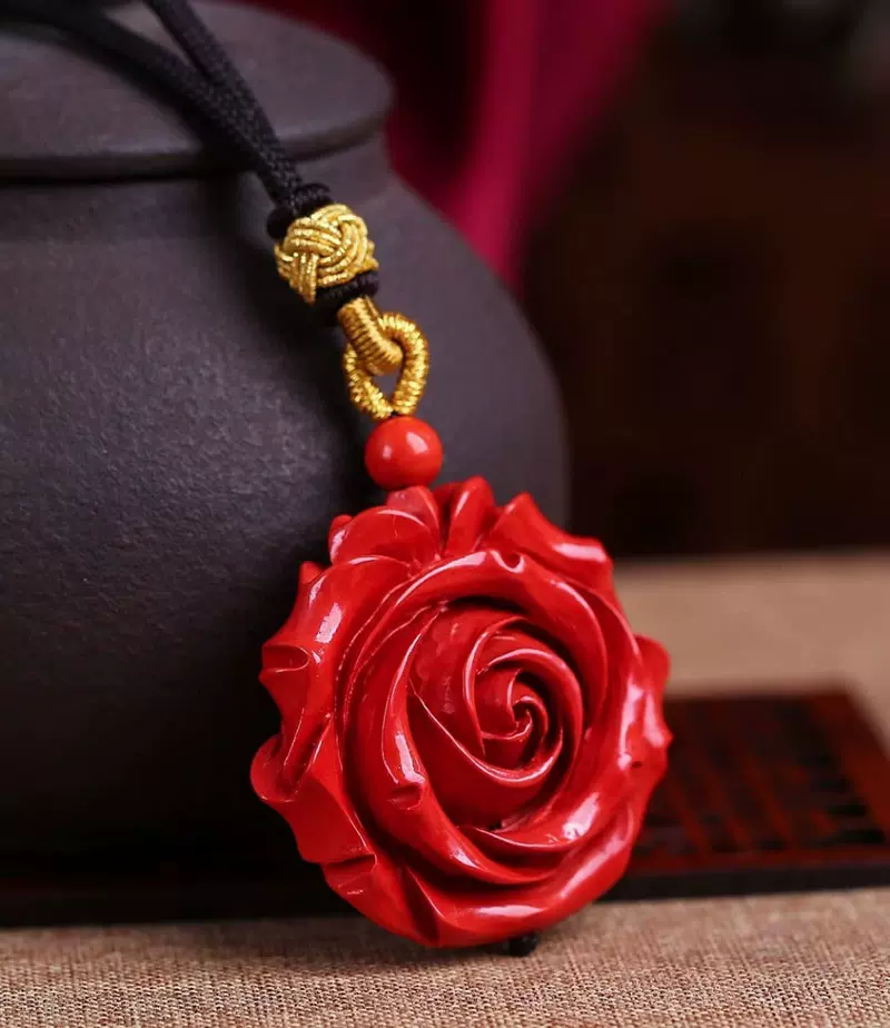朱砂玫瑰花富贵花开吊坠女士项链红砂转运本命年玉坠挂件礼物